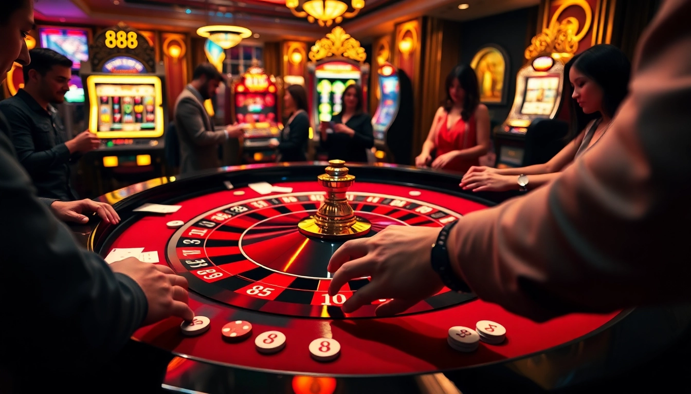 Excited players betting on XX88 at a luxurious casino roulette table surrounded by vibrant details.