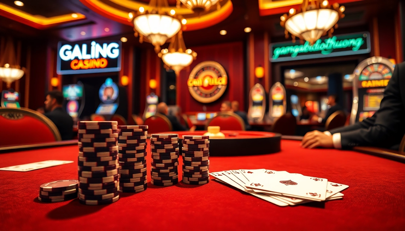 Experience thrilling gameplay at gamebaidoithuong's luxurious casino scene with poker chips and cards.