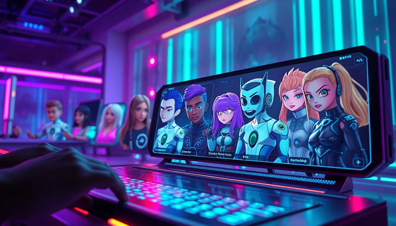 Vibrant character AI NSFW interface showcasing diverse virtual personalities in a futuristic setting.