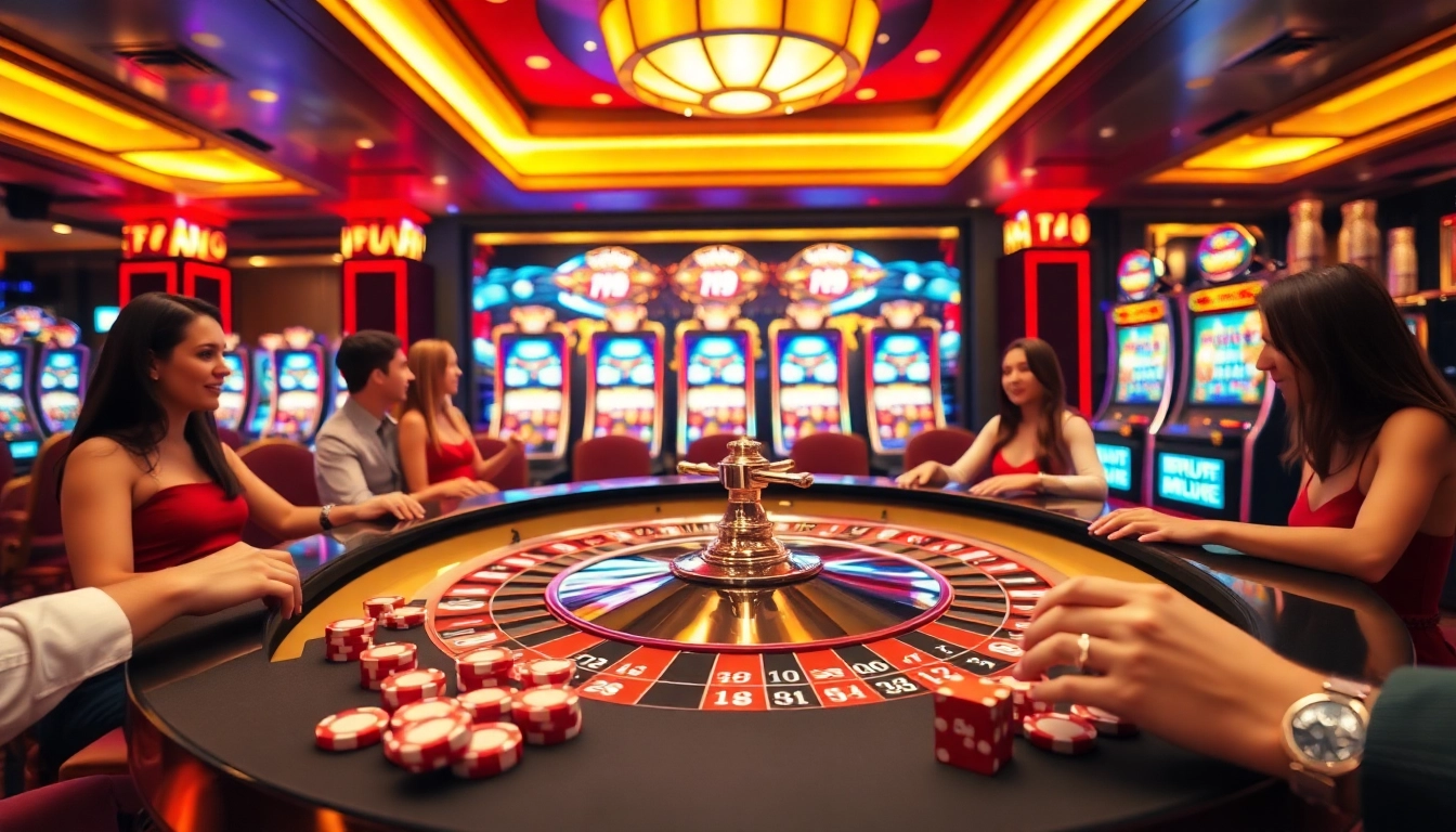 Go 99 themed casino scene with lively roulette table and vibrant gambling environment.