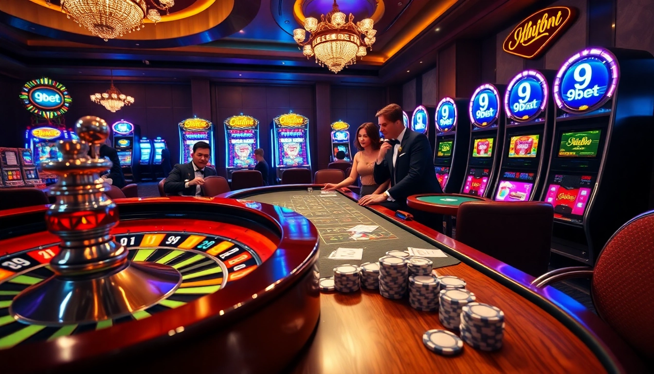 Players enjoying a thrilling game at the luxurious 9bet casino with roulette and blackjack tables.