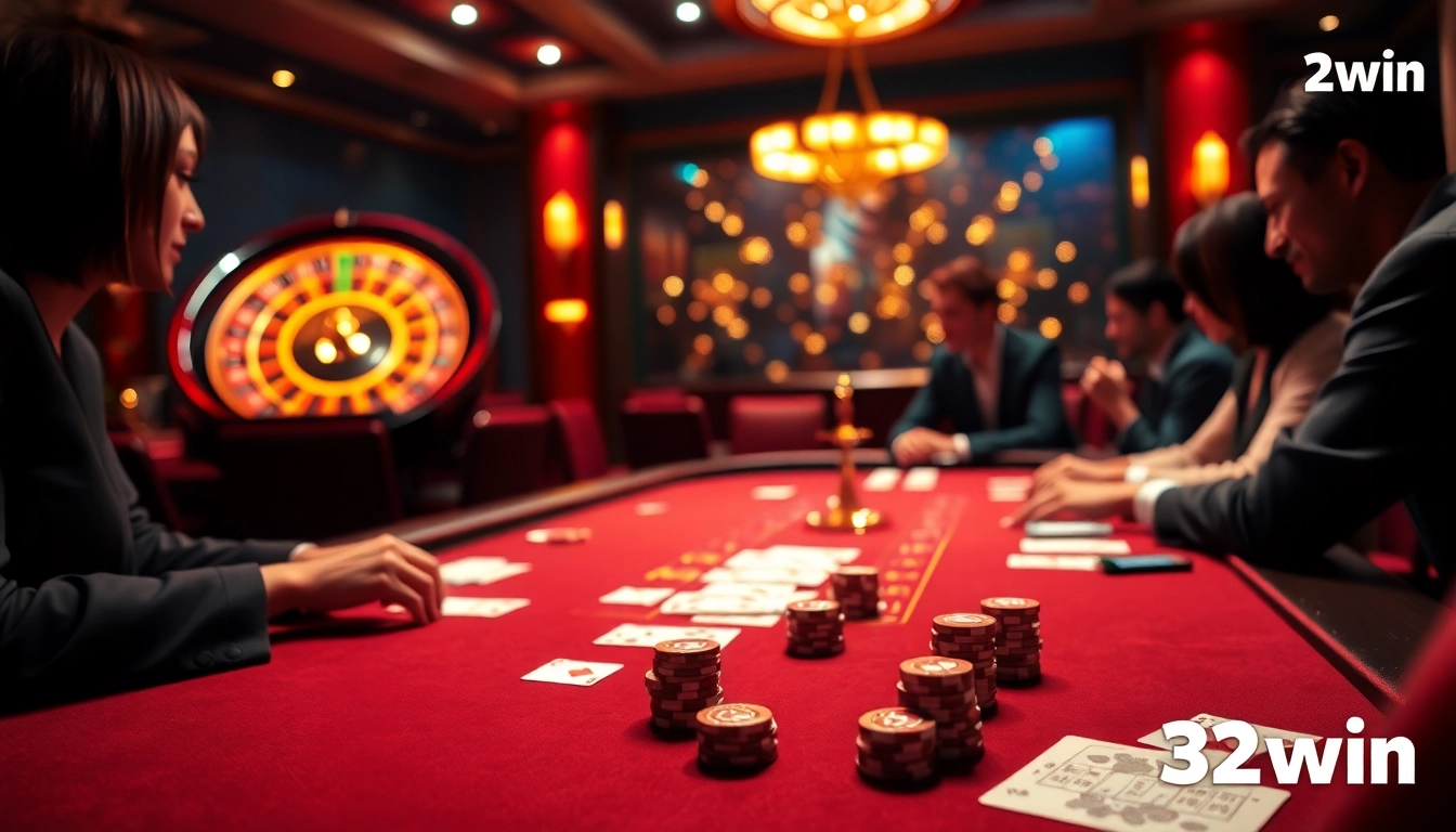 Experience the luxury at Trang chủ 32win with poker chips and a glamorous casino table.