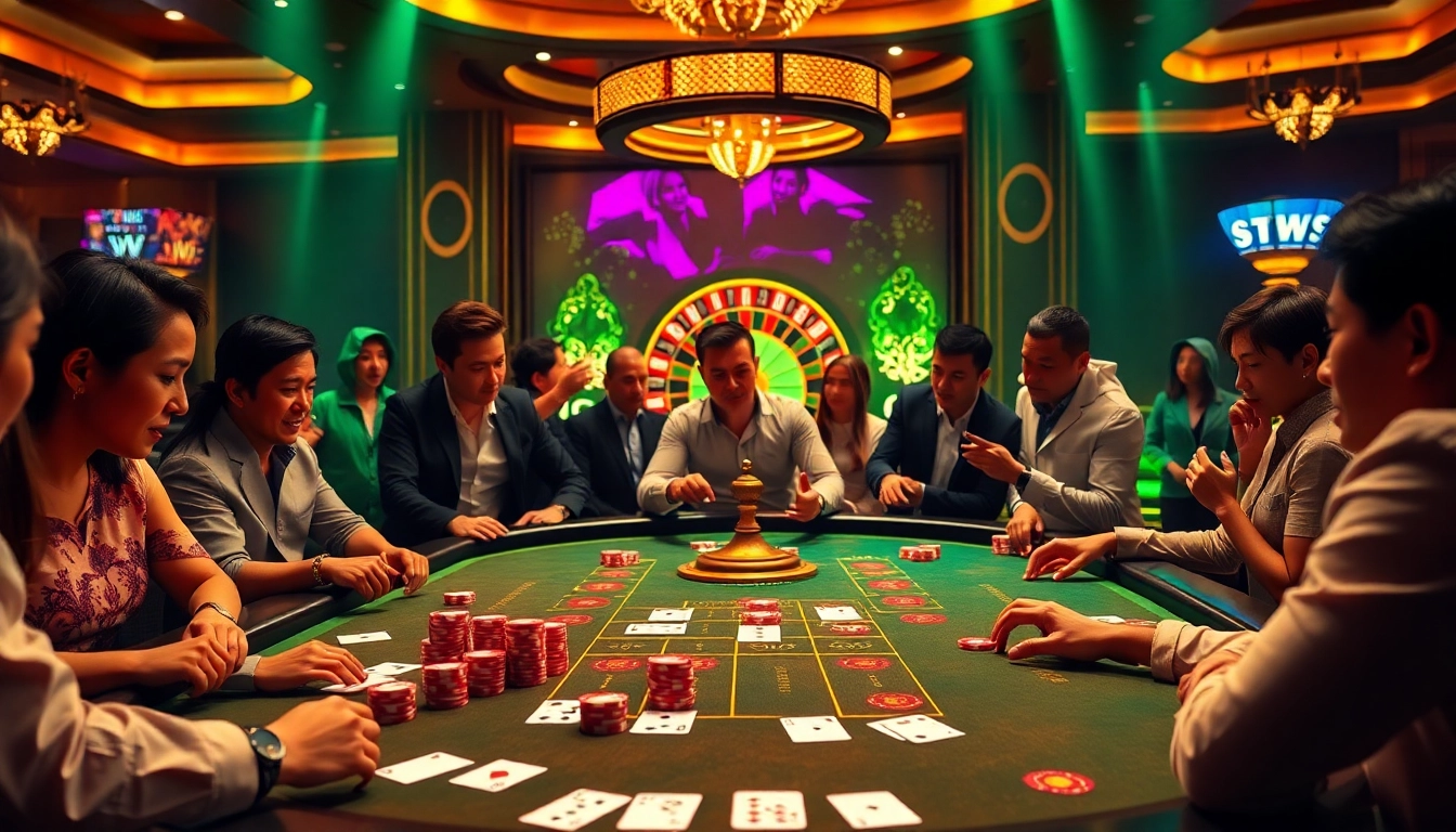 Engaging gamblers at the sky88 poker table with vibrant cards and chips.