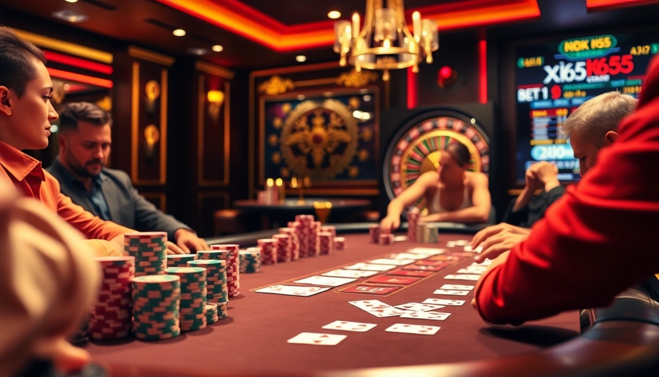 Players strategize at a poker table amidst casino excitement, showcasing KK55 elements.