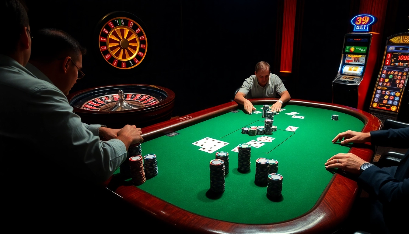 Players experiencing excitement at the poker table, highlighting 39BET casino action.