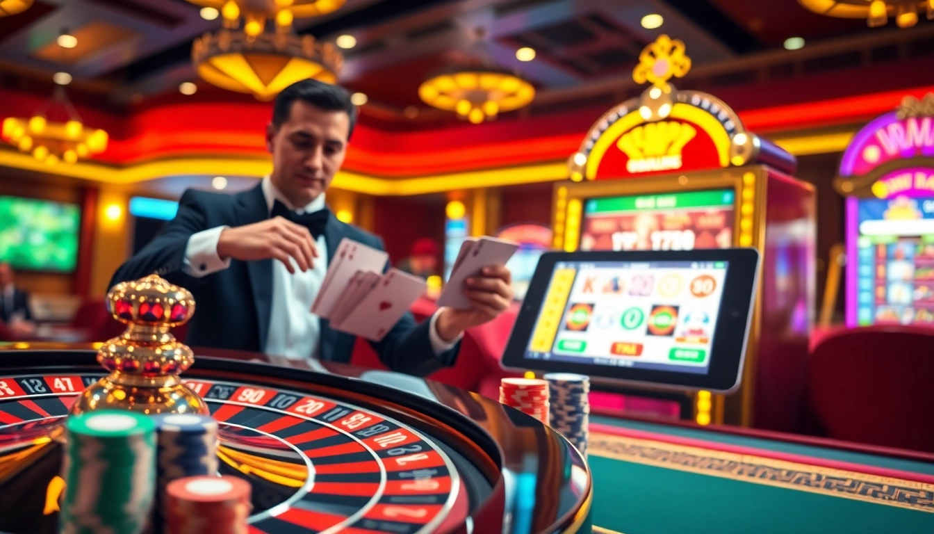 Bem88 exciting casino scene with a roulette wheel, poker chips, and digital gaming tablet