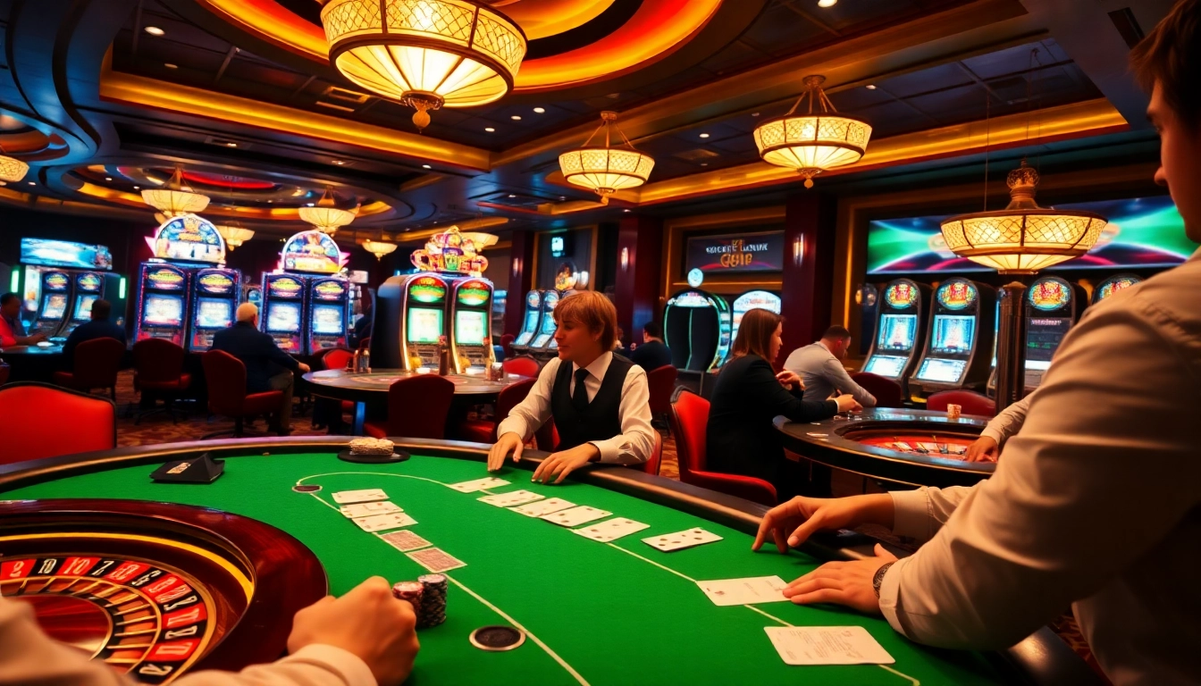 Players at rr88 com engage in intense poker action surrounded by vibrant casino elements.