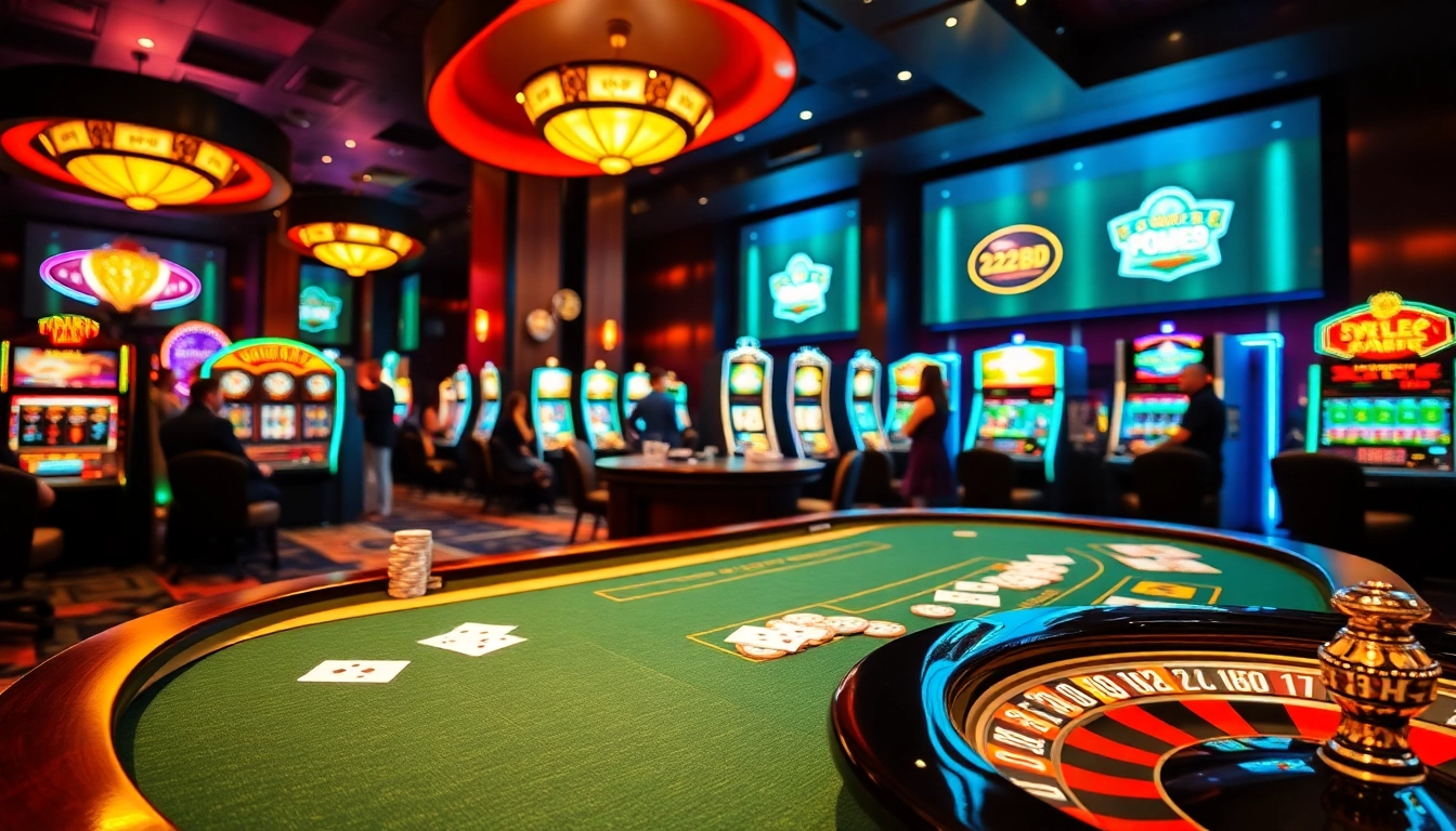 Gamble at the luxurious 222BD casino with poker tables and vibrant slot machines.