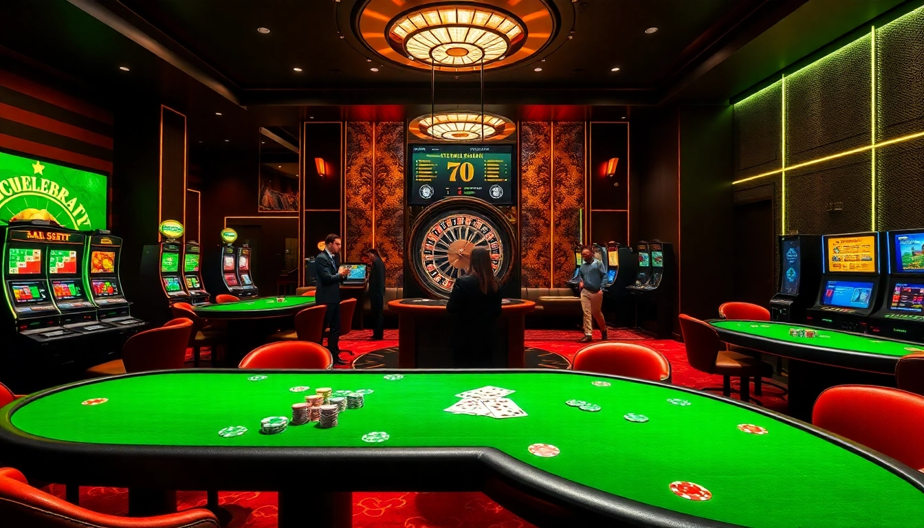 S8-themed casino gaming area with poker tables, vibrant slot machines, and roulette wheels.