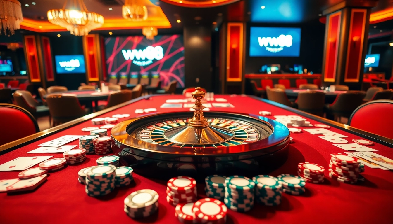 Play engaging casino games at ww88 with vibrant chips and an elegant roulette wheel.