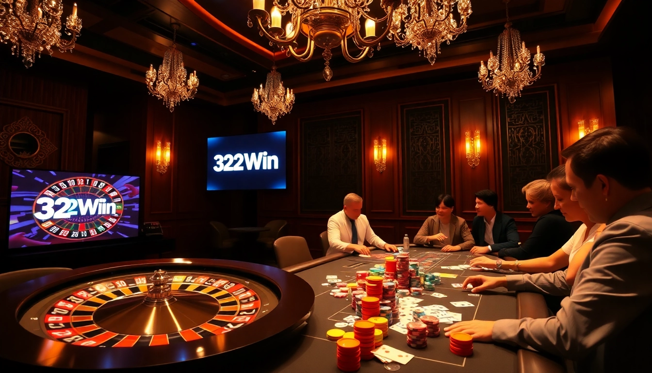 Experience the thrill of 32Win with vibrant casino scenes filled with poker chips and roulette excitement.