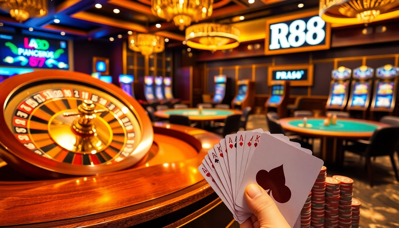 RR88 casino scene highlighting roulette wheels and poker tables in an inviting atmosphere.
