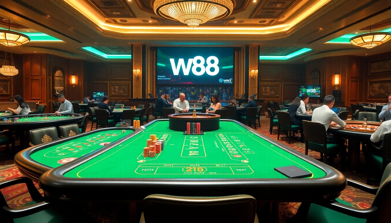 Experience the thrill of gambling at W88 with vibrant casino tables and lively players.
