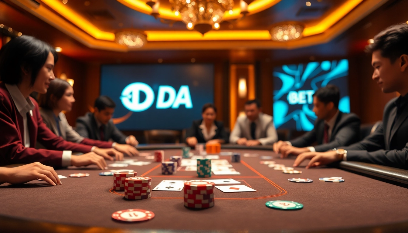 Engage in high-stakes action at DA BET with an upscale casino table and vibrant poker chips.