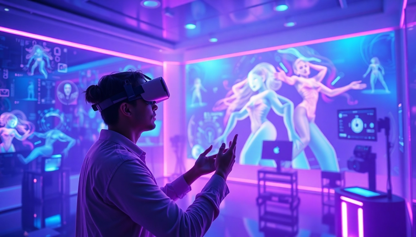 Interactive NSFW AI experience in a futuristic digital landscape, blending technology and creativity.