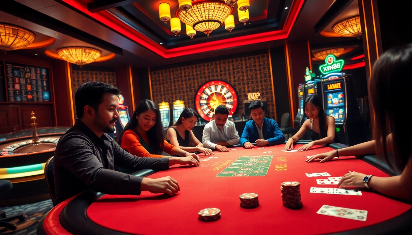 Players engaging in a poker game at a luxurious xin88 casino, showcasing excitement and tension.