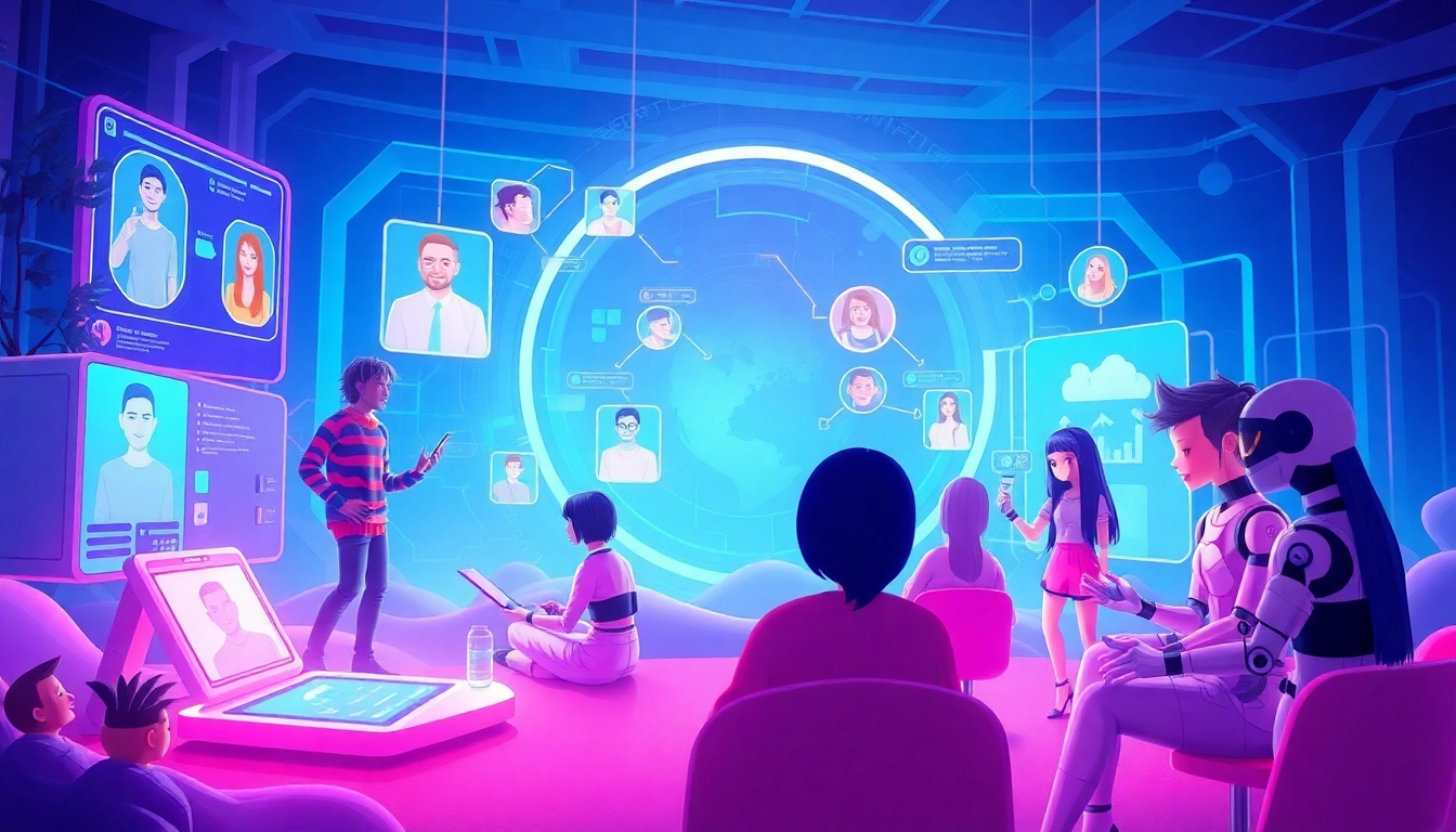 Vibrant futuristic scene showcasing the best nsfw ai chatbots interacting playfully.