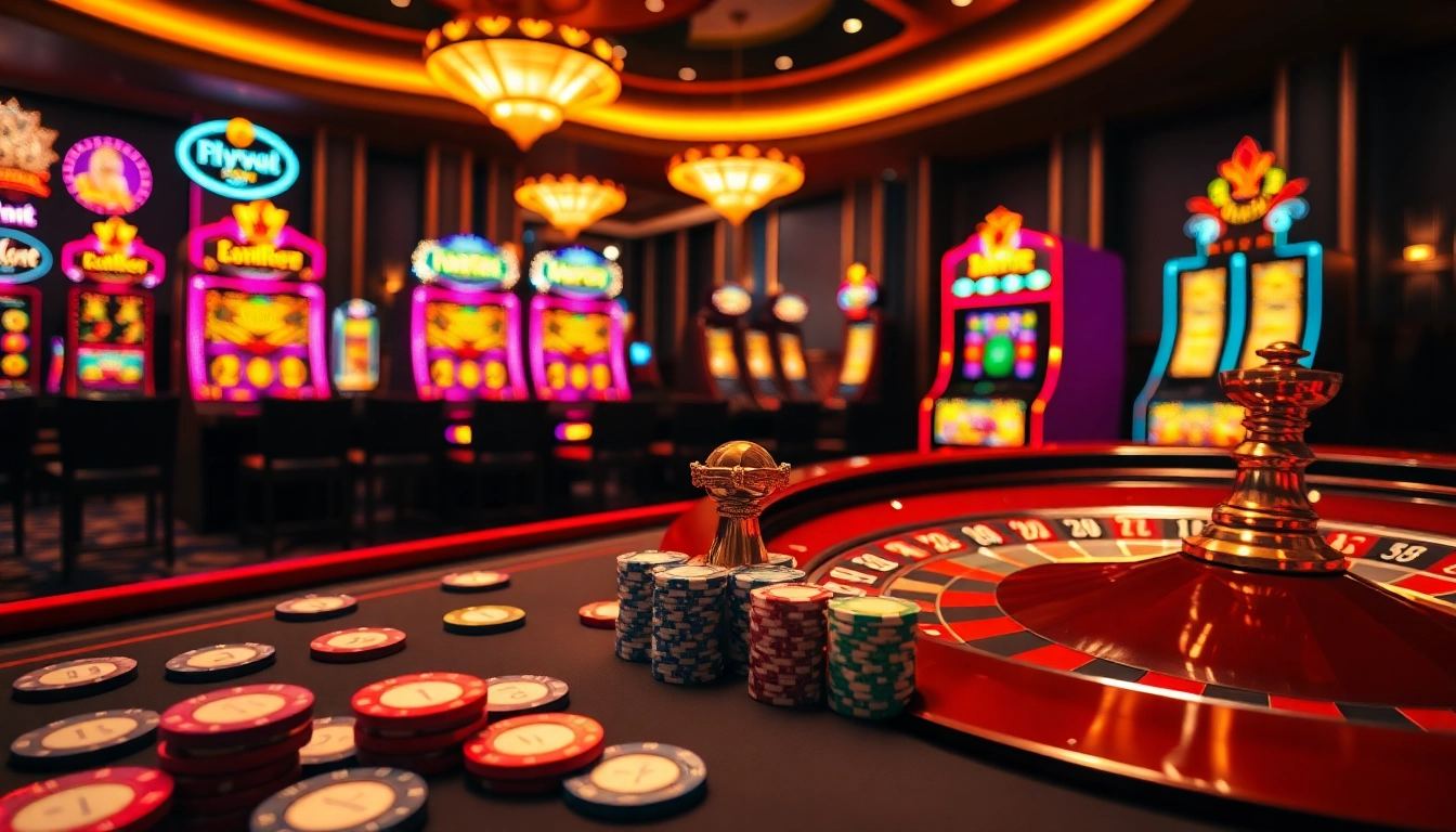 Experience the thrill of winning at fly88r.net with vibrant casino tables and poker chips.