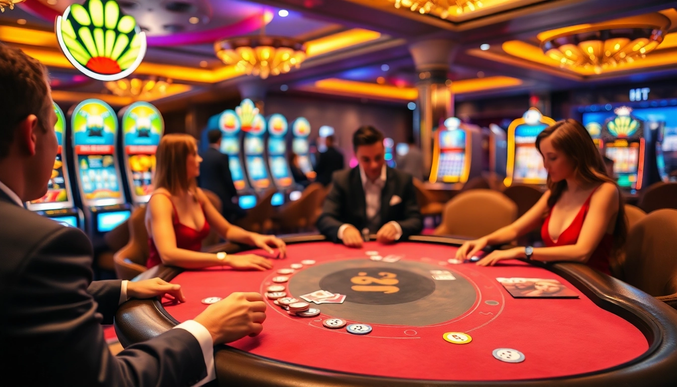 Players enjoying a Luck8 casino poker game with vibrant chips and cards at a luxurious table.