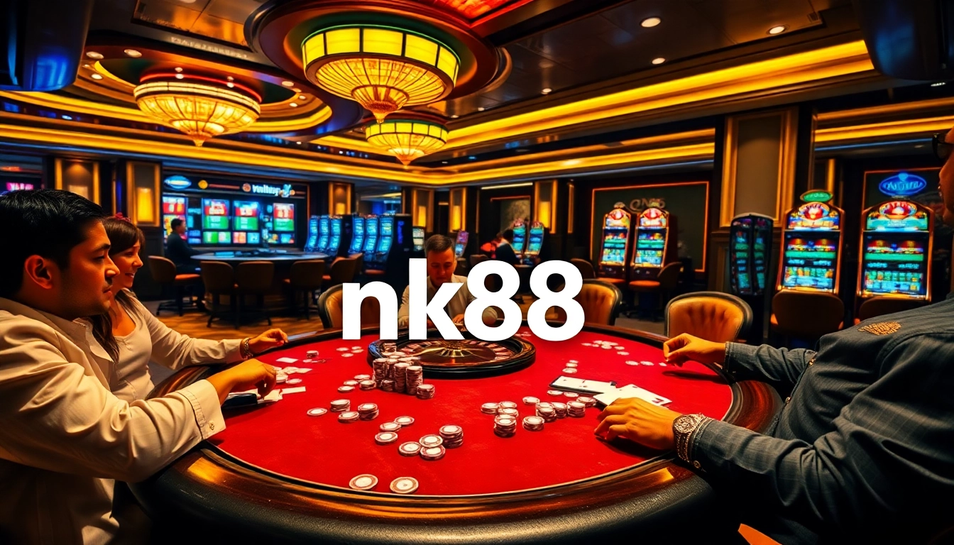 nk88 poker players enjoying an exciting game at a luxury casino table with vibrant chips.