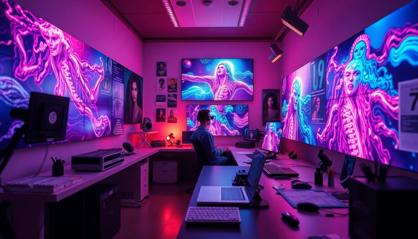 Vibrant modern workspace showcasing NSFW AI-generated artworks with digital screens.