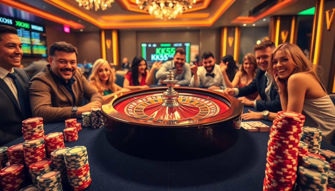 Players engaged in a thrilling casino atmosphere with KK55 themed poker chips and roulette wheel.