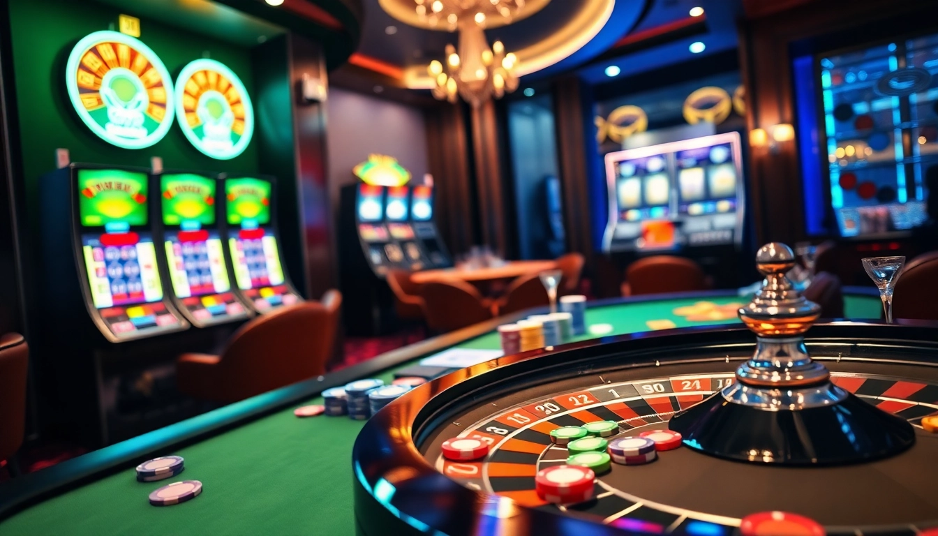 Gamble at okkingok.net with vibrant casino tables showcasing poker chips and roulette wheels.