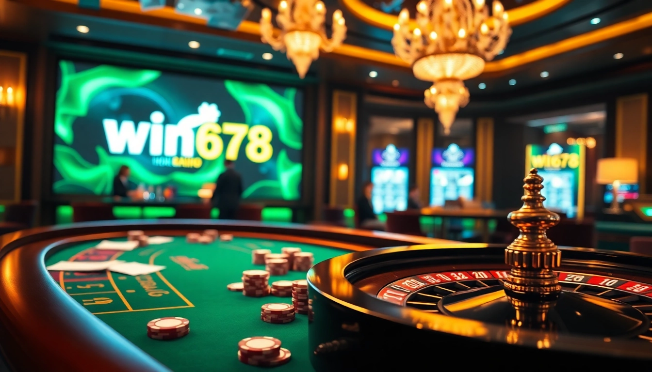 Engaging scene of nhà cái win678 with baccarat table and roulette wheel under luxurious lighting.