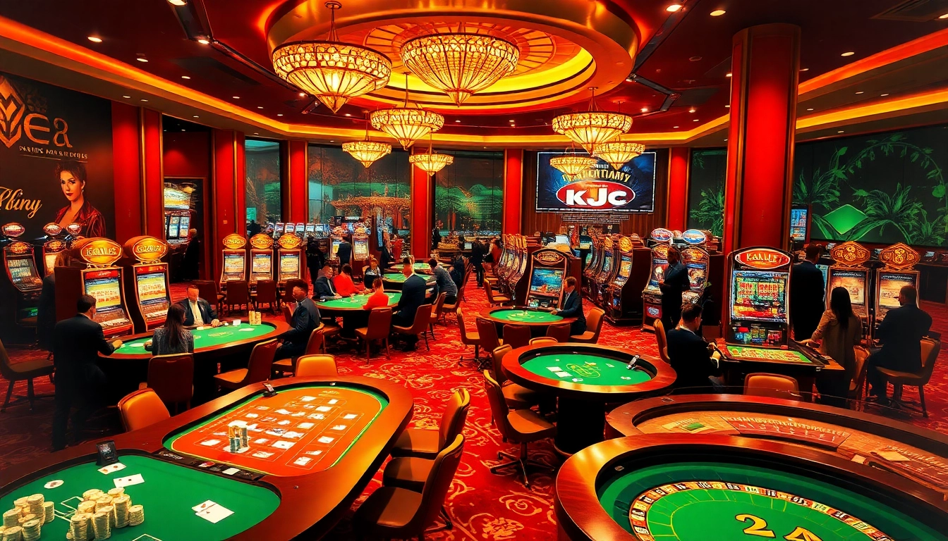 KJC casino atmosphere showcasing players enjoying slot machines, poker tables, and roulette. Visit https://kjcmh.com/ for more.