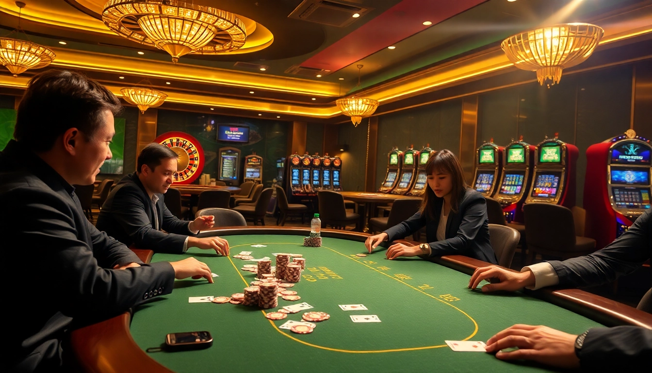 Players strategizing at a RIKVIP poker table in a glamorous casino atmosphere.