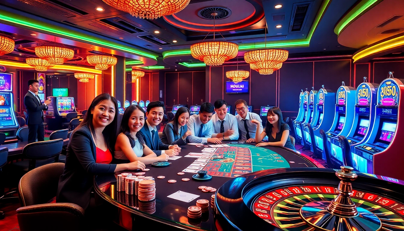 Players enjoying an exciting game night at Nhà cái Vin88 with vibrant casino elements and luxurious decor.