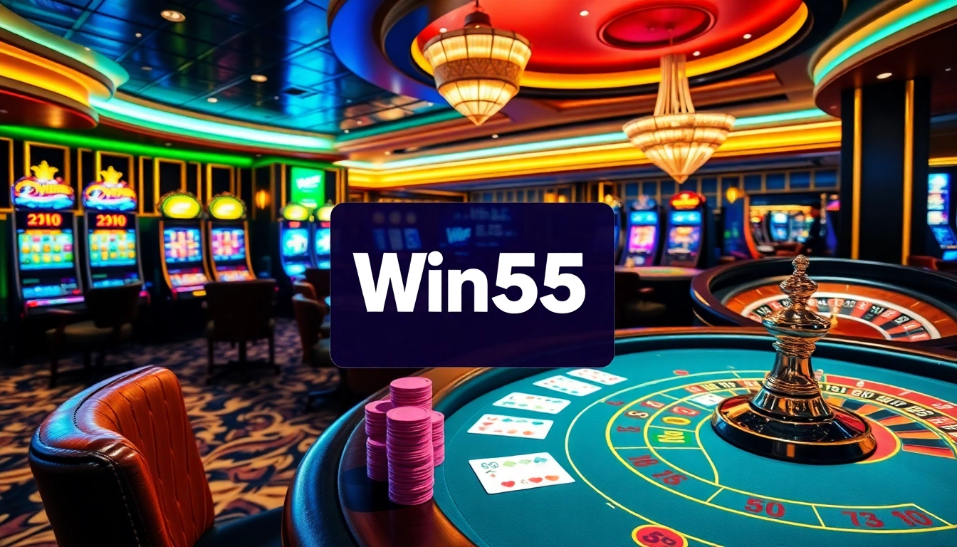 Players at the Win55 poker table enjoy high-stakes action amidst luxurious casino decor.
