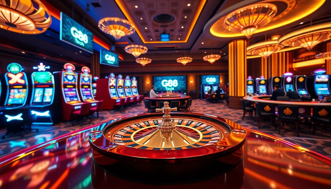 Engaging scene at a luxurious casino with Gg88 Tech branding, full of excitement and gambling action.