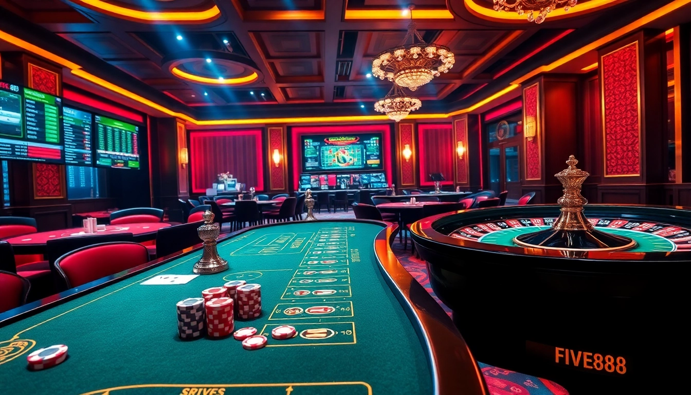 Experience the thrilling action at Nhà cái Five88 with vibrant casino tables filled with poker chips and cards.