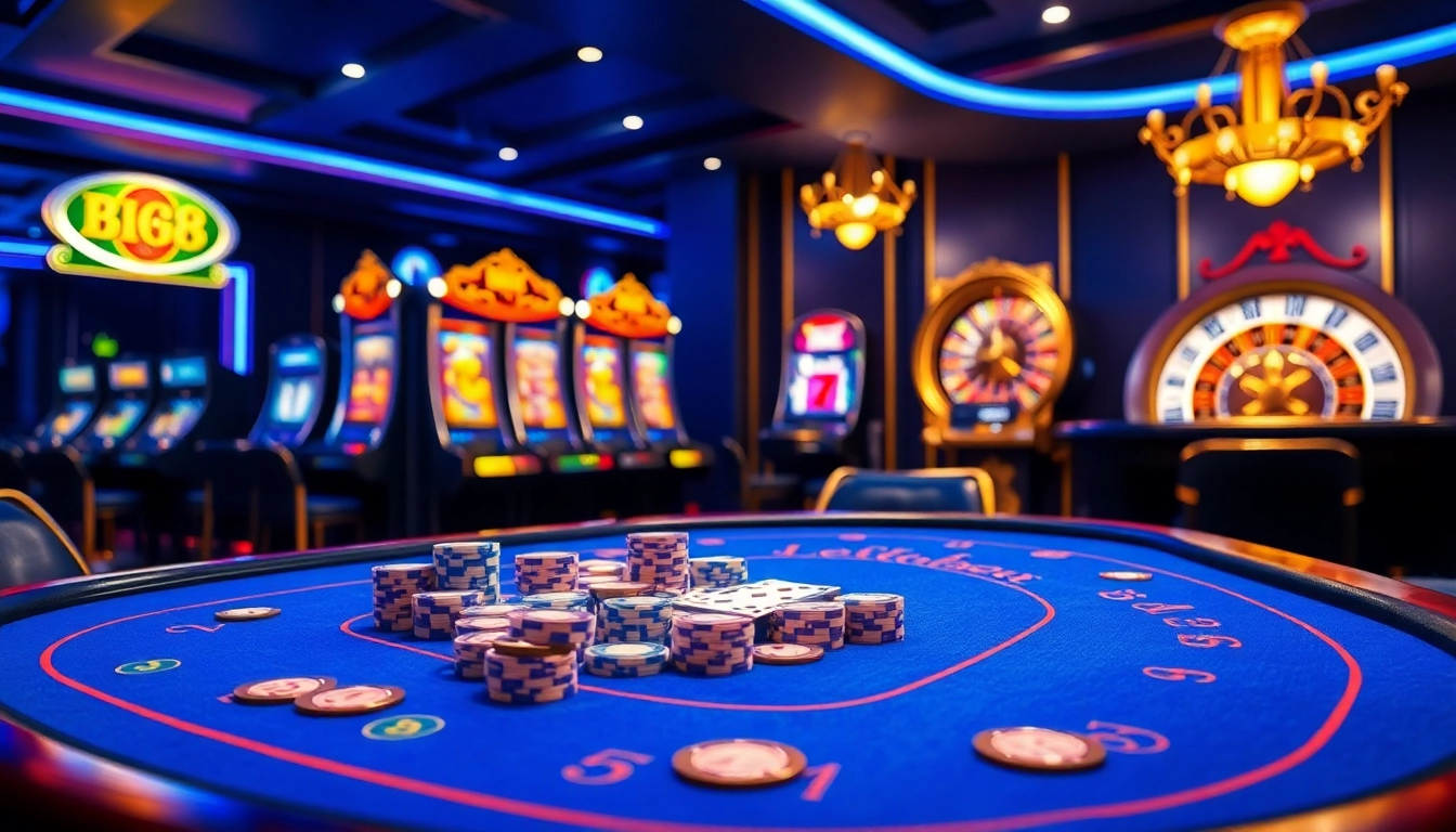 Experience excitement at Big88 with luxurious casino tables and vibrant slot machines.