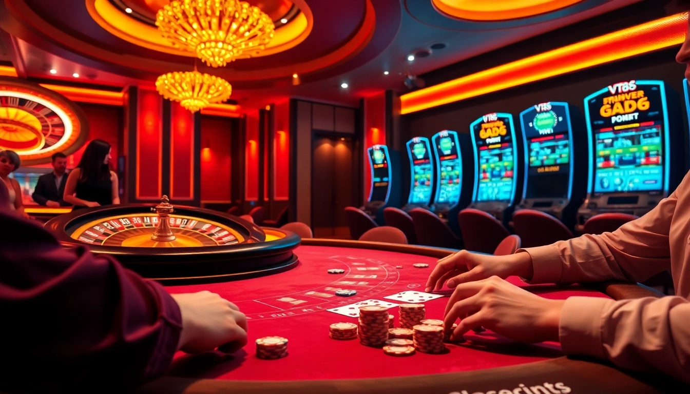 VT88 casino experience showcasing an exhilarating poker game with vibrant colors and engaged players.