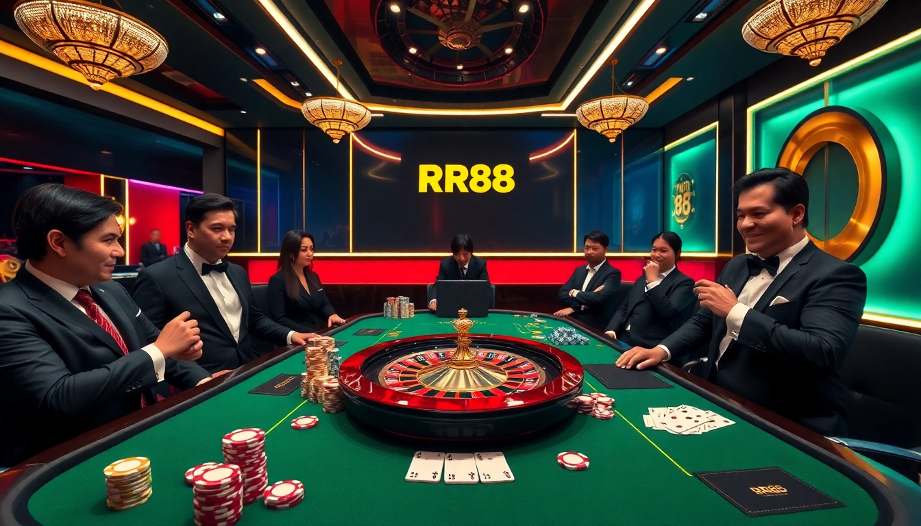 Experience the thrill of gaming at RR88 with vibrant casino elements and professional gamblers.