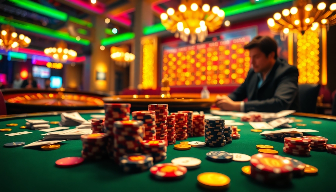 Experience high-stakes poker action featuring 88vv themed chips and cards in a luxurious casino setting.