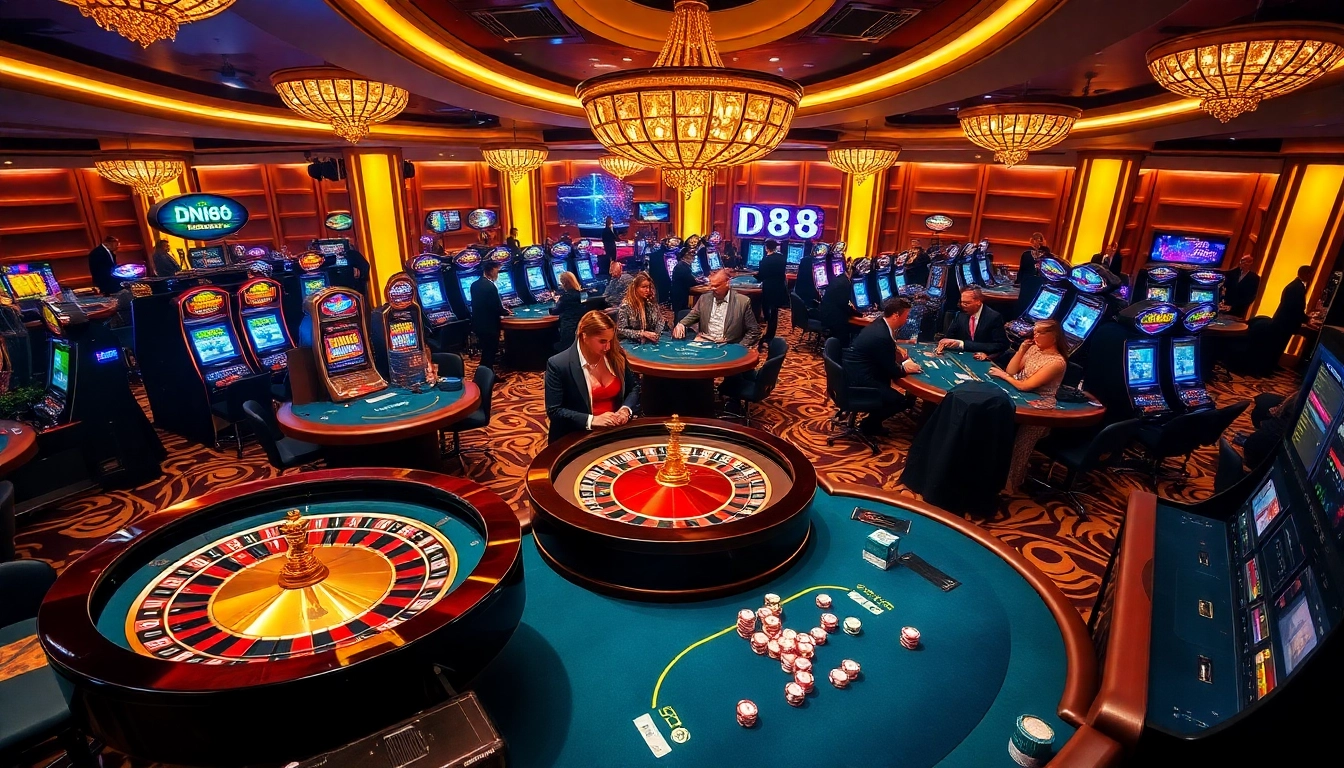 Players enjoying an exciting gaming experience at DN88 casino, surrounded by vibrant slot machines.