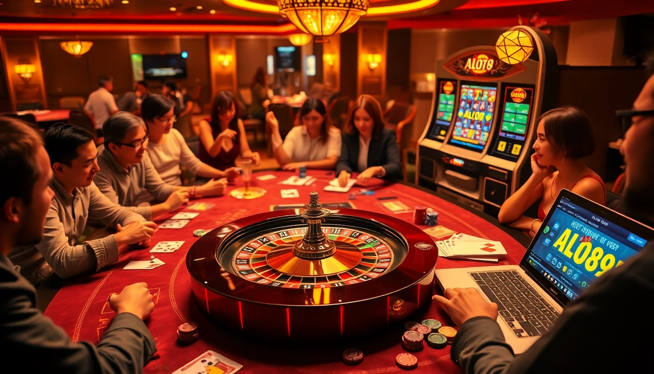 A group of gamblers enjoying their experience with ALO 789 at a vibrant casino table, showcasing excitement and luxury.