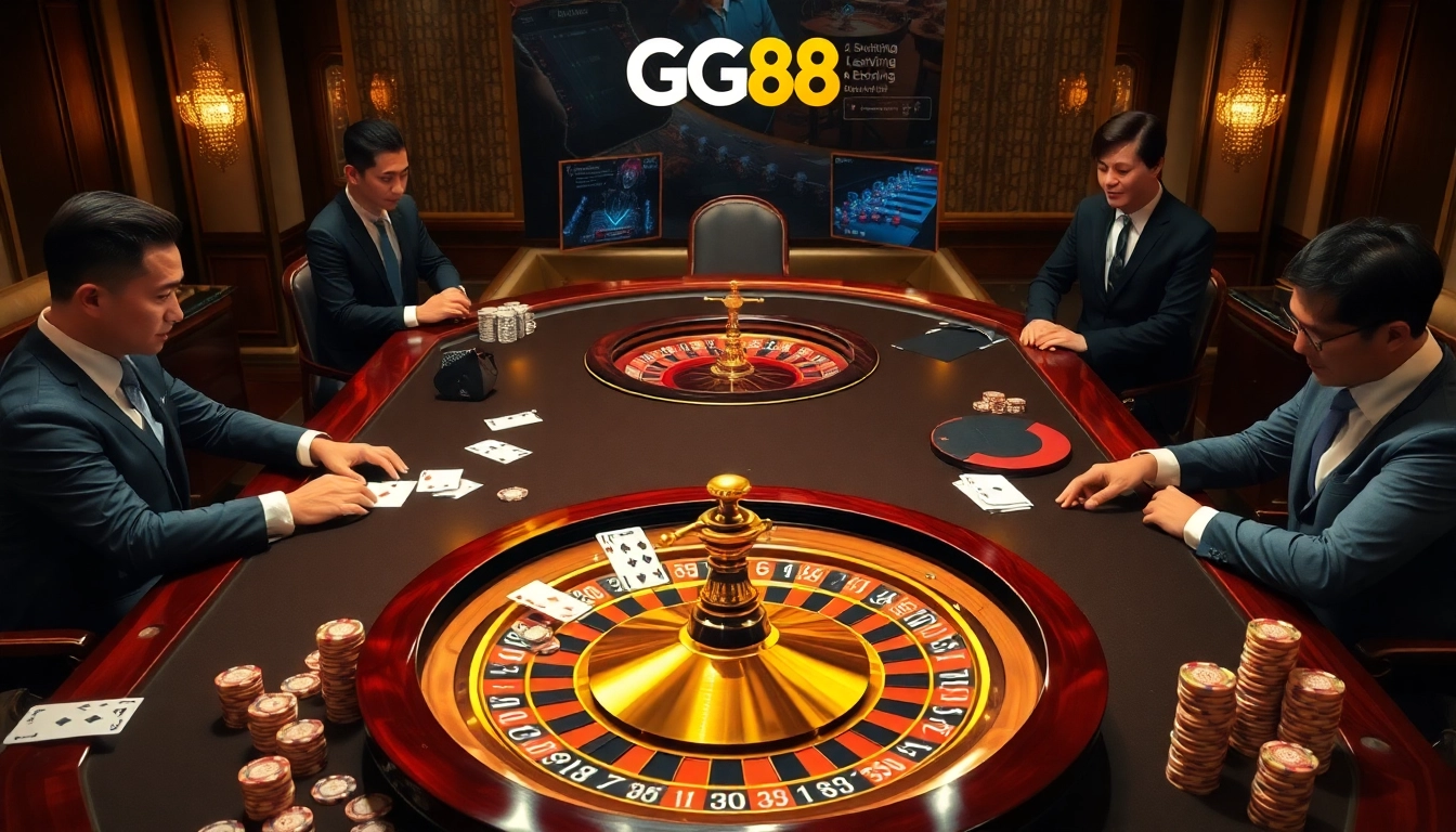 Experience the excitement of GG88 with a luxurious casino scene featuring poker tables and vibrant betting elements.