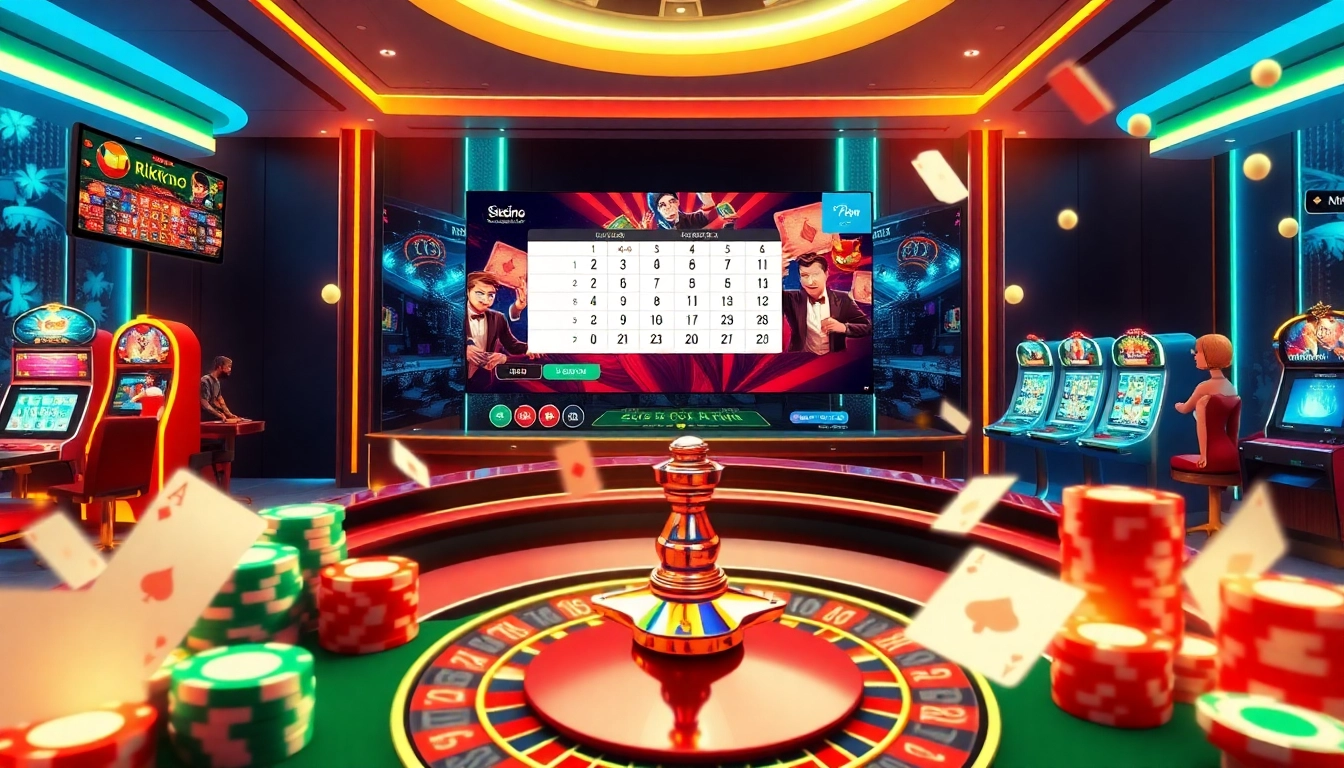 Players enjoying dynamic online games at https://rikvip1.online/, featuring poker chips and vibrant casino elements.