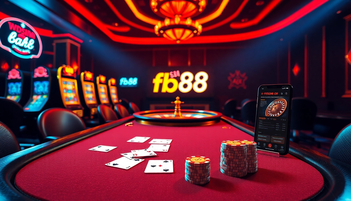 Experience the thrill of online gambling at fb88 with vibrant casino visuals featuring poker tables and slot machines.