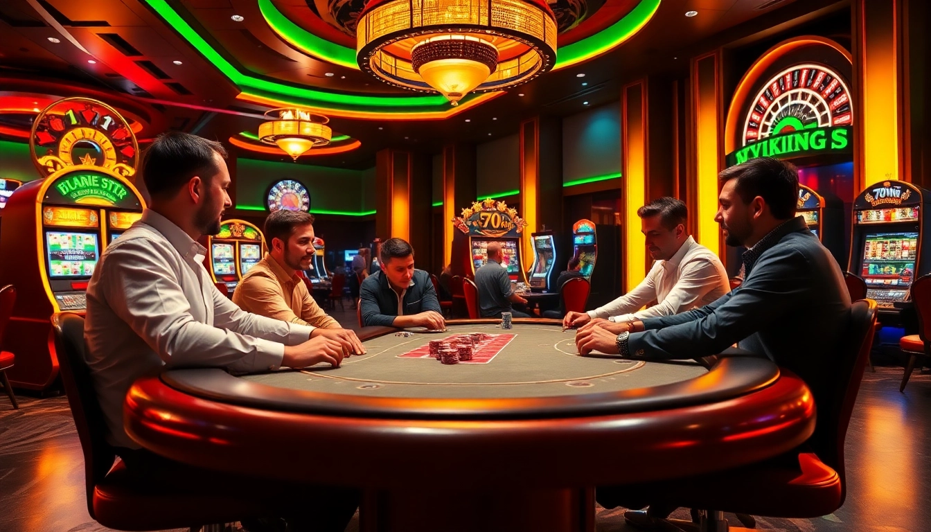 Exciting poker gameplay at 79king casino with vibrant slot machines and roulette wheel in background.