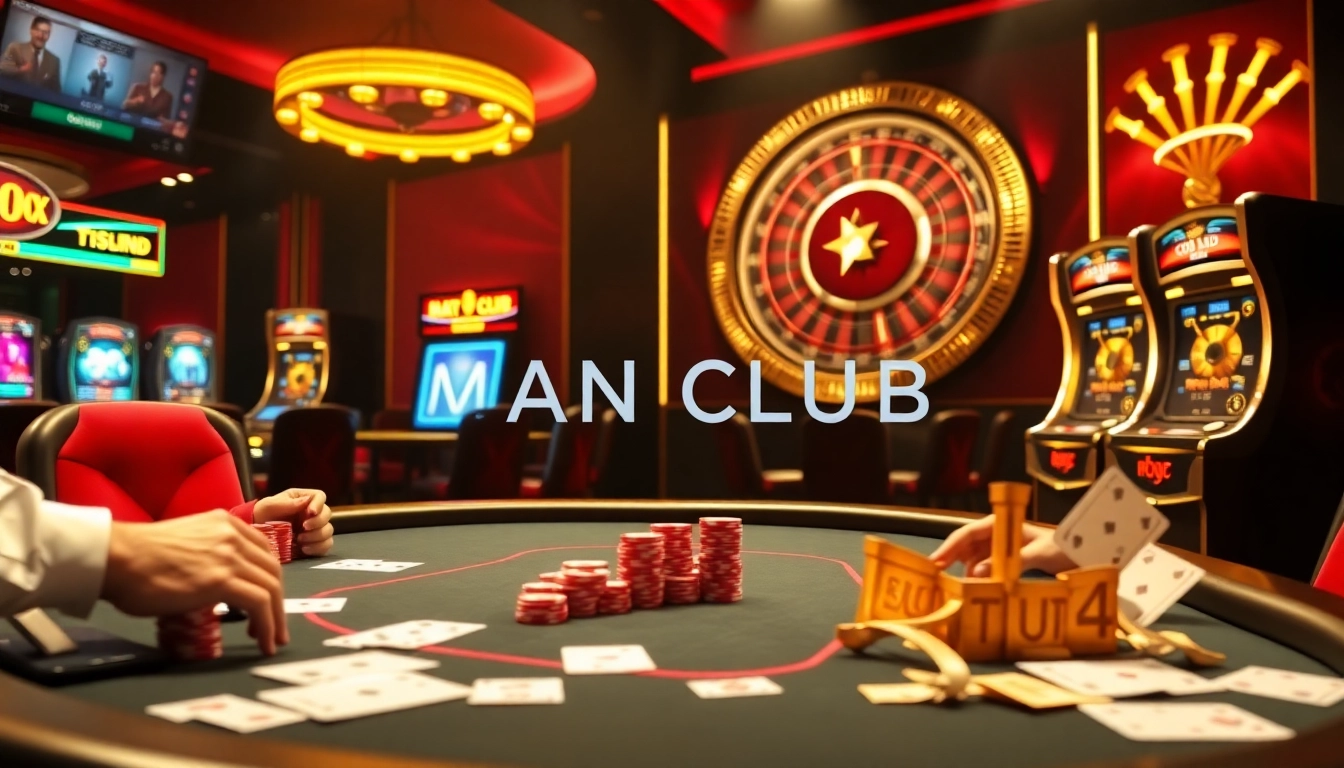 Players strategizing in MAN CLUB poker game at an upscale casino.