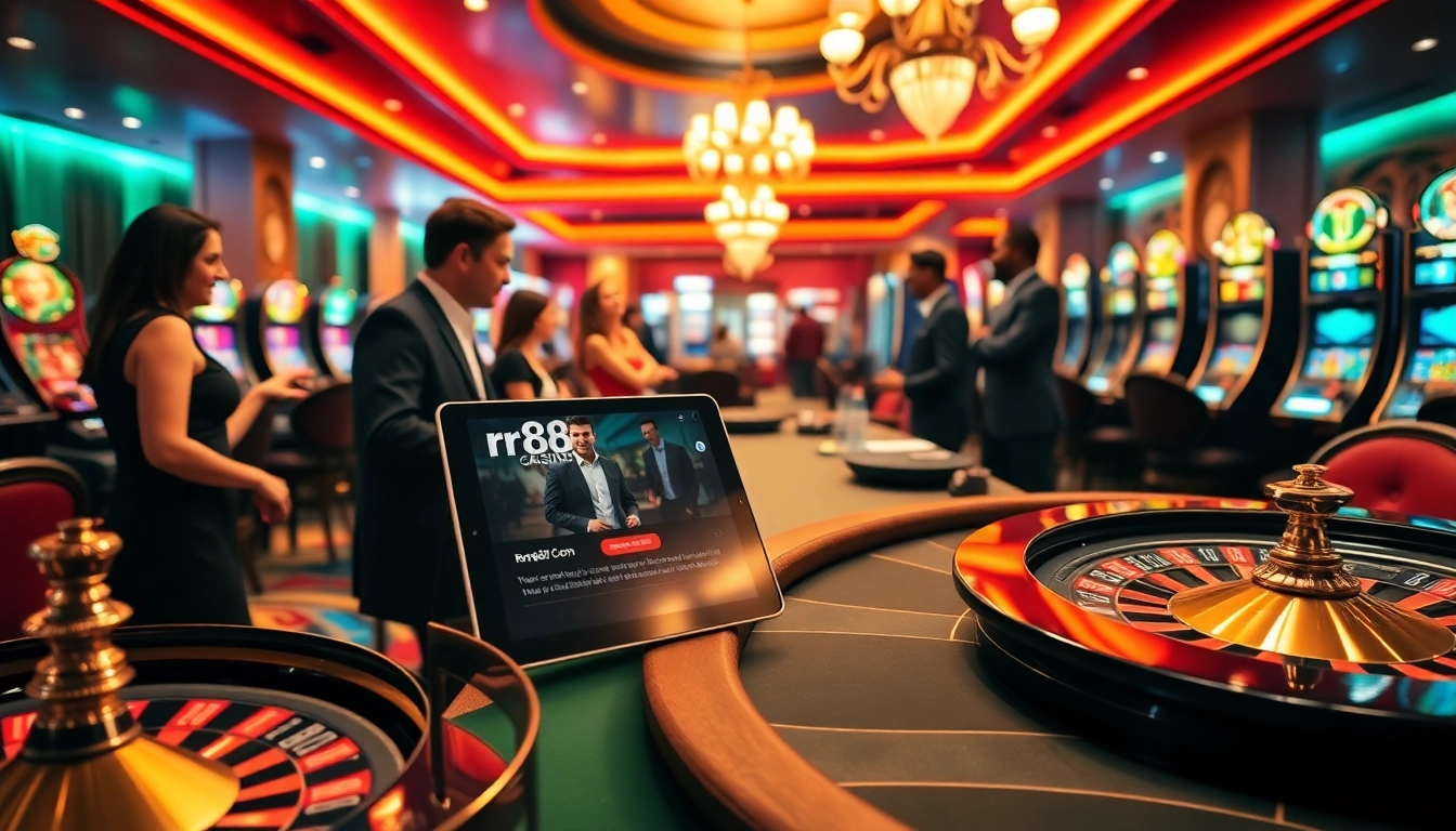 Excitement at rr88 com casino with players engaging at poker and slot machines.