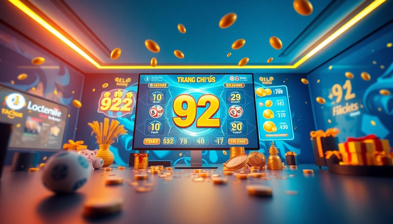 Explore the engaging interface of Trang chủ 92lottery, featuring vibrant lottery graphics and symbols.