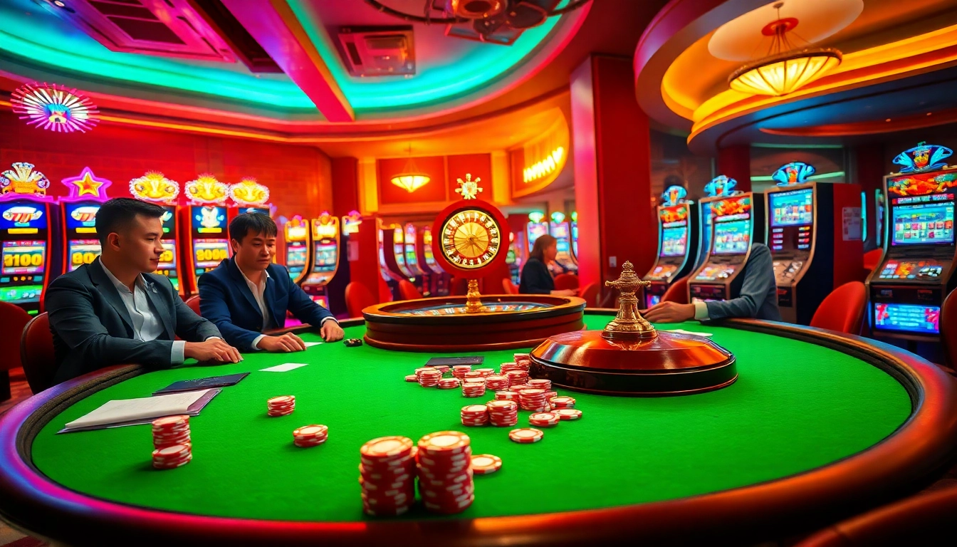 Experience the thrill of gaming at sx88.com with a high-stakes poker table and vibrant slot machines.