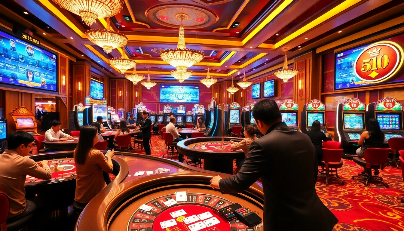 Players enjoying exciting games at https://dh88vn.com/ casino with vibrant slots and roulette tables.