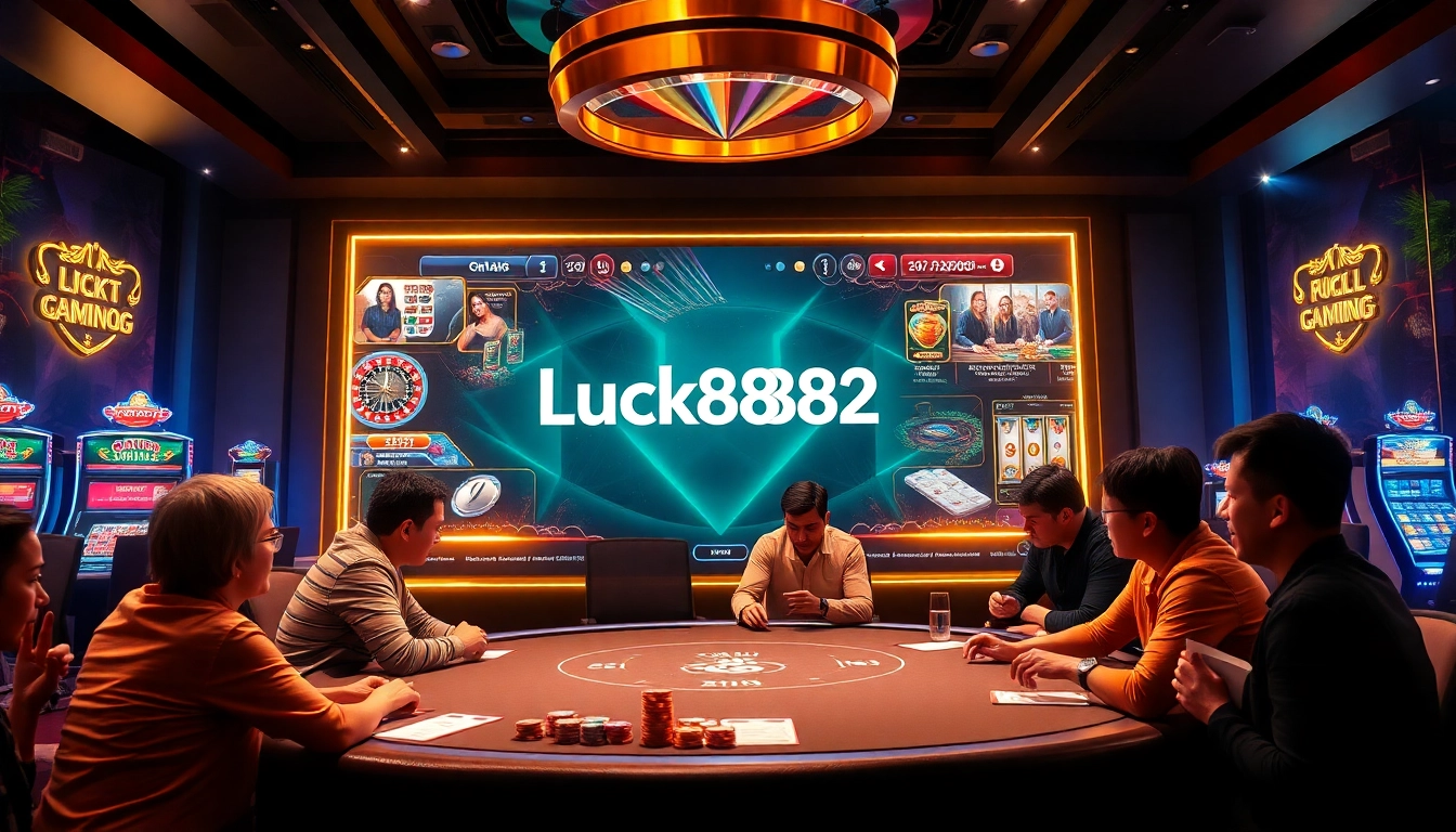 Engaging players enjoying the Luck8882 online casino experience with vibrant colors and luxury.